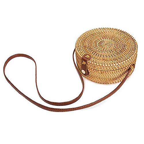 Handgewebte, runde Rattan-Tasche mit Schulterriemen, Lederriemen für Damen Handgewebte, runde Rattan-Tasche mit Schulterriemen, Lederriemen für Damen von Hossejoy