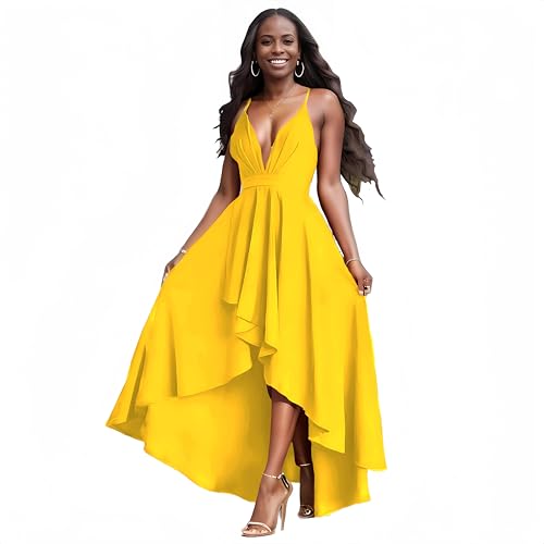 Hostoyo Damen Abendkleider Tiefer V-Ausschnitt Partykleider Ärmellos A-Linie High-Low Formal Cocktail Langes Abendkleid, gelb, XX-Large von Hostoyo