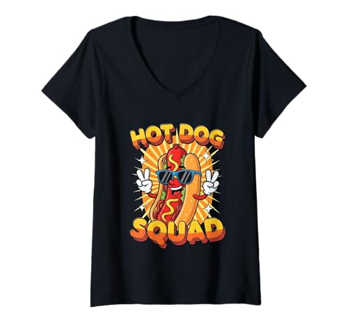 Damen Hot Dog mit Sonnenbrille blinkendes Peace-Zeichen Hot Dog Squad T-Shirt mit V-Ausschnitt Damen Hot Dog mit Sonnenbrille blinkendes Peace-Zeichen Hot Dog Squad T-Shirt mit V-Ausschnitt von Hot Dog Sunglasses Flashing Peace Sign
