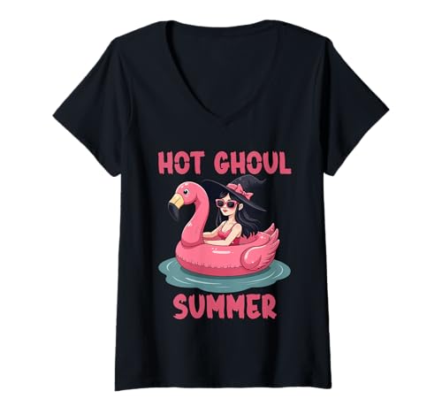 Damen Hot Ghul, Sommerhexe, Flamingo, Float, Halloween T-Shirt mit V-Ausschnitt Damen Hot Ghul, Sommerhexe, Flamingo, Float, Halloween T-Shirt mit V-Ausschnitt von Hot Ghoul Summer Design for Women