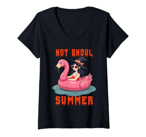 Damen Hot Ghul, Sommerhexe, Flamingo, Float, Halloween T-Shirt mit V-Ausschnitt Damen Hot Ghul, Sommerhexe, Flamingo, Float, Halloween T-Shirt mit V-Ausschnitt von Hot Ghoul Summer Design for Women