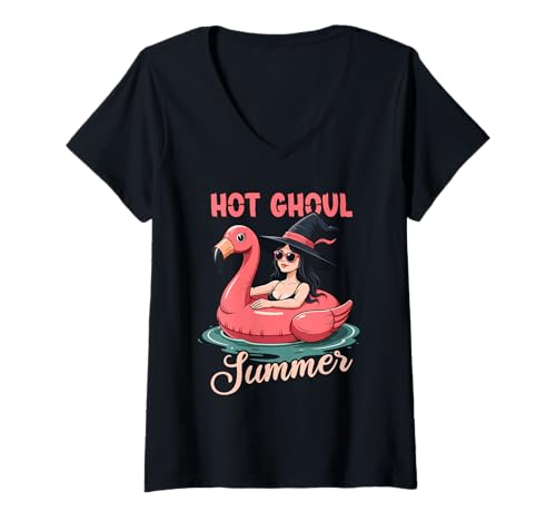 Damen Hot Ghul, Sommerhexe, Flamingo, Float, Halloween T-Shirt mit V-Ausschnitt Damen Hot Ghul, Sommerhexe, Flamingo, Float, Halloween T-Shirt mit V-Ausschnitt von Hot Ghoul Summer Design for Women