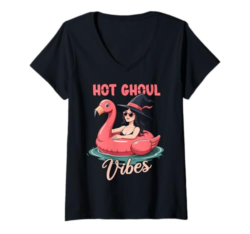 Damen Hot Ghoul Vibes Sommer-Hexe, Flamingo, Float, Halloween T-Shirt mit V-Ausschnitt Damen Hot Ghoul Vibes Sommer-Hexe, Flamingo, Float, Halloween T-Shirt mit V-Ausschnitt von Hot Ghoul Vibes Summer Design for Women