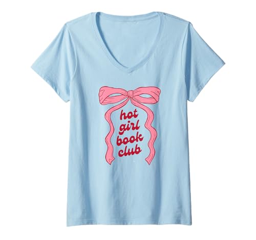 Damen Hot Girl Book Club Pink Bow Coquette Bookish Nette Reader T-Shirt mit V-Ausschnitt von Hot Girl Book Club Pink Bow Coquette