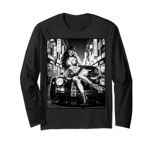 Heißes Mädchen auf T-Shirt für Herren - Sexy Model & exotisches Auto in B&W Langarmshirt von Hot Girl on T-shirt for Men by NSPART