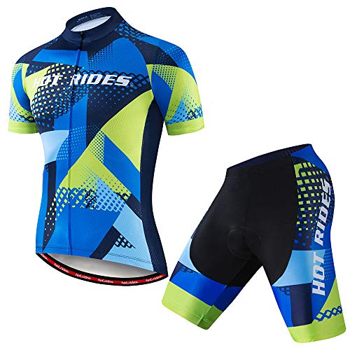 Hot Rides Fahrradtrikot für Herren, schnelltrocknend, mit 3D-Gel gepolsterte Shorts und Lätzchen, Set, Geometrie Blau/Grün, 3X-Groß von Hot Rides