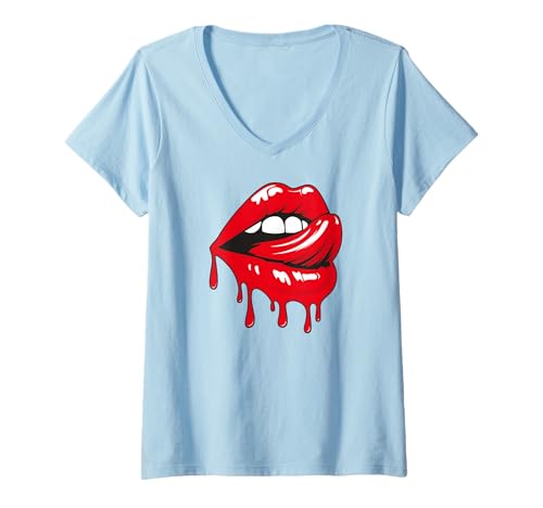 Damen Zunge Rote Tropfende Lippen T-Shirt mit V-Ausschnitt Damen Zunge Rote Tropfende Lippen T-Shirt mit V-Ausschnitt von Hot Vampire Red Dripping Lip Cartoon