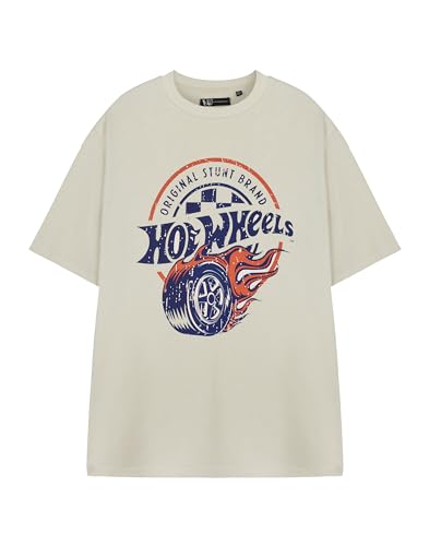 Hot Wheels Herren Kurzarm T-Shirt | Original Stunt Grafik T-Shirt in Haferflocken | Vintage Logo Bekleidung | Retro Racing Thema Top für Männer von Hot Wheels