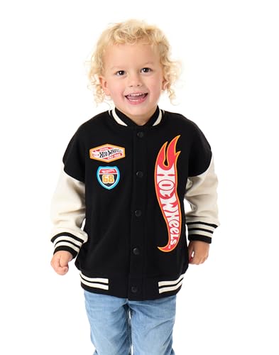 Hot Wheels Jungen Bomberjacke | Kinder Flammen-Logo Grafik Print College-Jacke in Schwarz | Kinder Turbo-Rennauto Druck Reißverschluss Baseballjacke von Hot Wheels