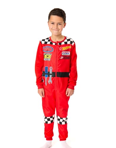 Hot Wheels Jungen Overall | Kinder Einteiler Schlafanzug in Rot | Nachtwäsche Fleece Reißverschluss Jumpsuit mit Rennflammen, Werkzeugen und kariertem Muster | Einteiler Mechaniker Bodysuit von Hot Wheels