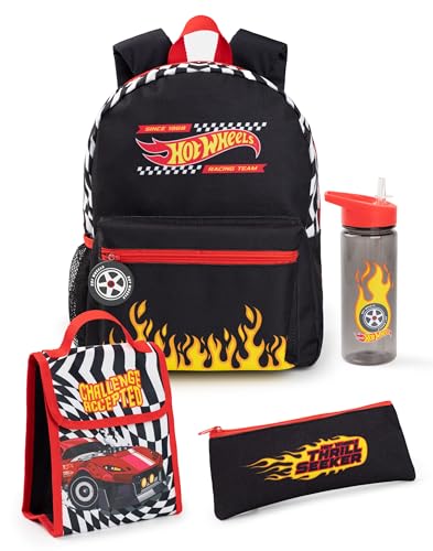 Hot Wheels Jungen Rucksack Set | Kinder 4-teiliges schwarzes Rucksack-Bundle mit Schulranzen, Federmäppchen, Lunchtasche und Wasserflasche | Fire Finish Line Grafik Komplettes Matching-Set von Hot Wheels