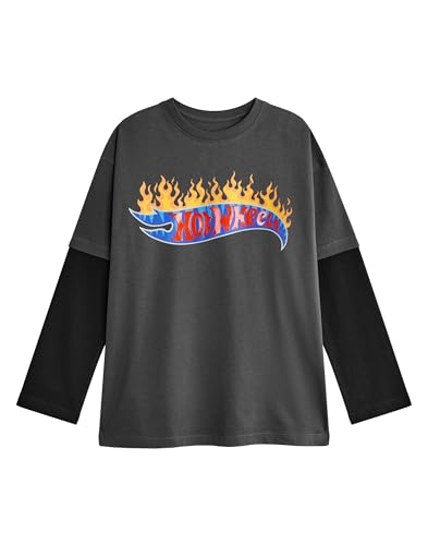 Hot Wheels Jungen Skater Langarm-T-Shirt | T-Shirt mit Flame-Logo-Grafik für Kinder in Grau und Schwarz | Ikonisches Rennwagen-Bekleidungsoberteil | Spielzeugauto-Sammler-Merchandise-Geschenk von Hot Wheels