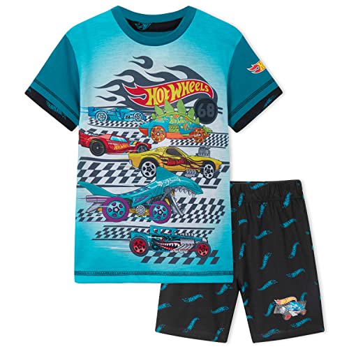 Hot Wheels Schlafanzug Jungen Kurz Kinder Pyjama Set aus Baumwolle Trendige Schlafanzüge für Jungen Kurzarm Shorty Kurzer Schlafanzug Truck Motiv 3-8 Jahre (Blau/Schwarz, 5-6 Jahre) von Hot Wheels