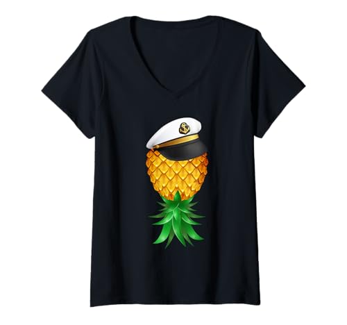 Damen Swinger Upside Down Ananas Captain Sailor Hat Sea Captain T-Shirt mit V-Ausschnitt Damen Swinger Upside Down Ananas Captain Sailor Hat Sea Captain T-Shirt mit V-Ausschnitt von Hot Wife Swinger Halloween Gifts Masquerade Party