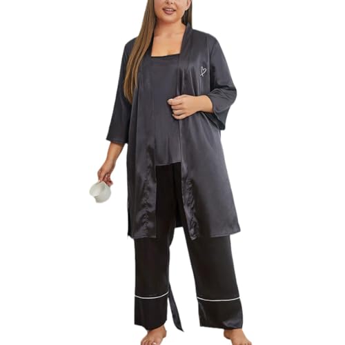 HotCoS Übergröße Pyjama Damen Satin 3-teiliges Schlafanzug Set in Extra Große Größen Lang nachtwäsche mit Gürtel Robe Cami Top und Lang Hos Hausanzug Kuschelig von HotCoS