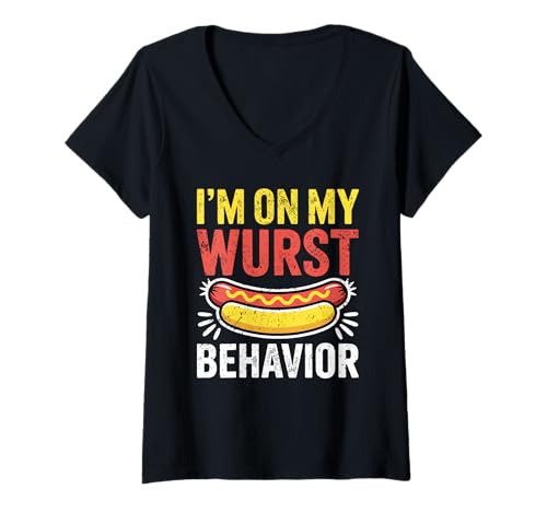 Damen I'm On My Wurst Behavior Lustiger Hot Dog Wortspiel Witz T-Shirt mit V-Ausschnitt Damen I'm On My Wurst Behavior Lustiger Hot Dog Wortspiel Witz T-Shirt mit V-Ausschnitt von HotDogMood