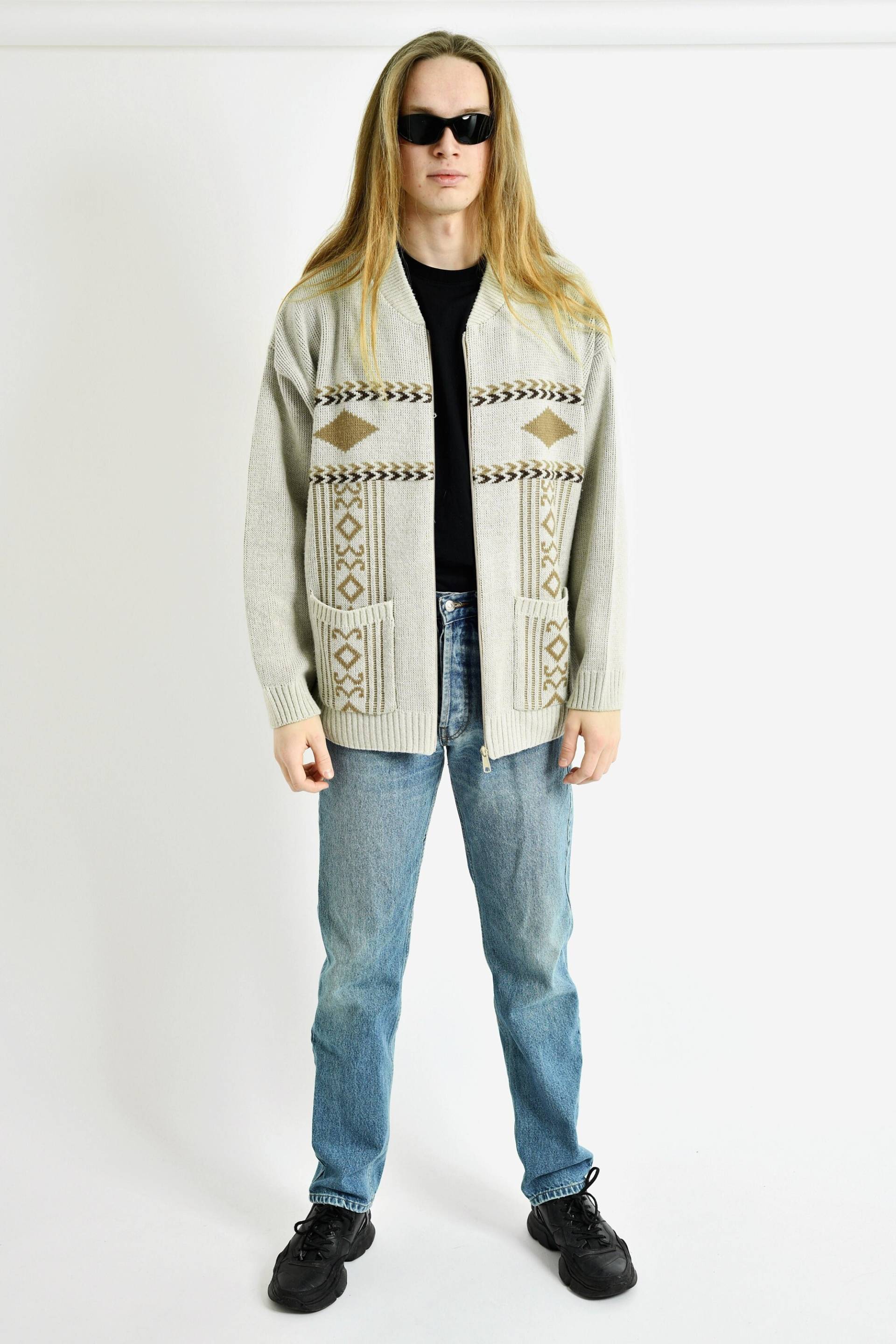 Vintage Full Zip Bomber Sweater Beige Farbe Für Männer | 80Er Jahre Strickjacke Retro 90Er Boho Warmer Winter Pullover Sweatshirt Große Größe von HotMilkVintageCom