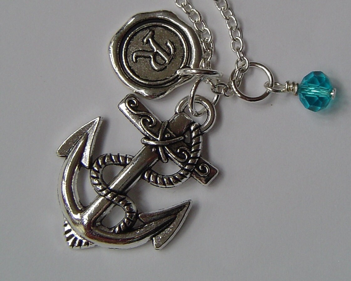 3D Anchor Halskette Necklace, Personalisierte Antik Silber Wax Seal Birthstone Initiale, Anker von HotMixJewelry