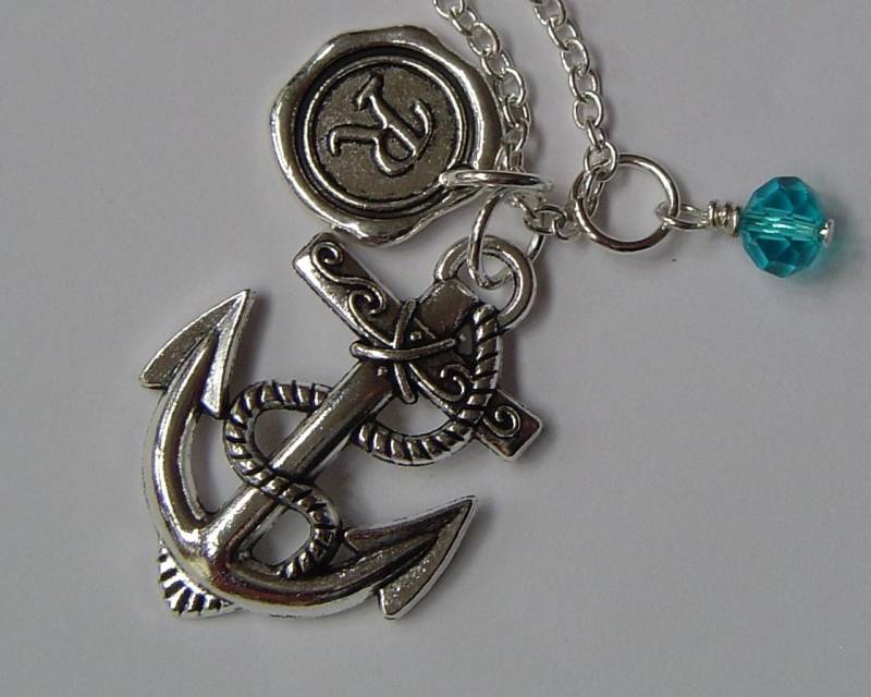 3D Anchor Halskette Necklace, Personalisierte Antik Silber Wax Seal Birthstone Initiale, Anker von HotMixJewelry