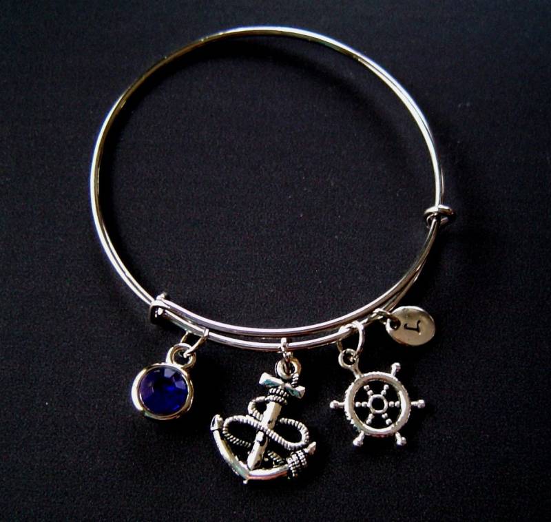 3D Anker Und Ruder Personalisierte Erweiterbar Armreif Armband Von Hand Gestempelt Erste Geburtsstein, Silber Ruder-Charme von HotMixJewelry
