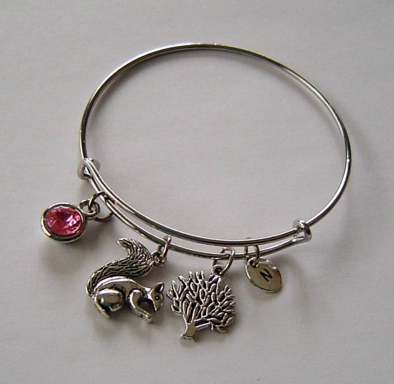 3D Eichhörnchen Leben Baum Personalisierte Erweiterbar Armreif Armband Von Hand Gestempelt Erste Birthstone, Silber Charm von HotMixJewelry