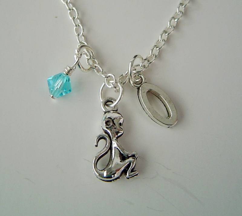 3D Monkey Halskette Necklace, Personalisierte Birthstone Initiale, Antik Silber Affe 3D Monkey Halskette Necklace, Personalisierte Birthstone Initiale, Antik Silber Affe von HotMixJewelry