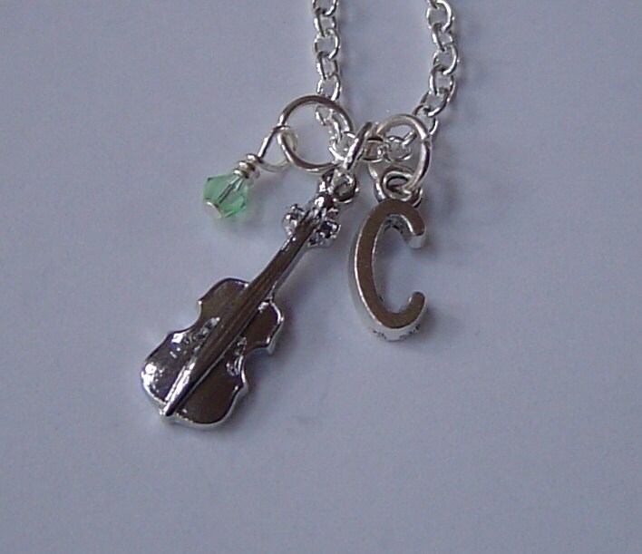 3D Violine Halskette, Personalisierte Antik Silber Anfängliche Birthstone Monogramm Fiddle Charm Halskette von HotMixJewelry