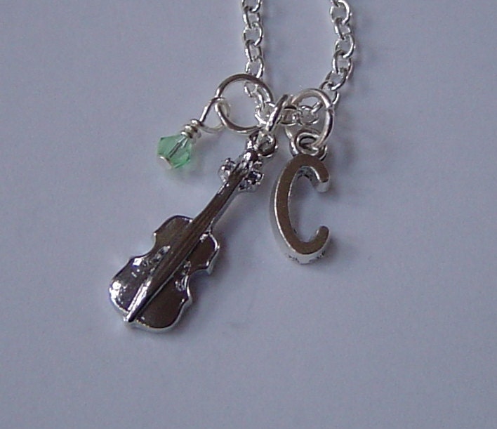 3D Violine Halskette, Personalisierte Antik Silber Anfängliche Birthstone Monogramm Fiddle Charm Halskette von HotMixJewelry