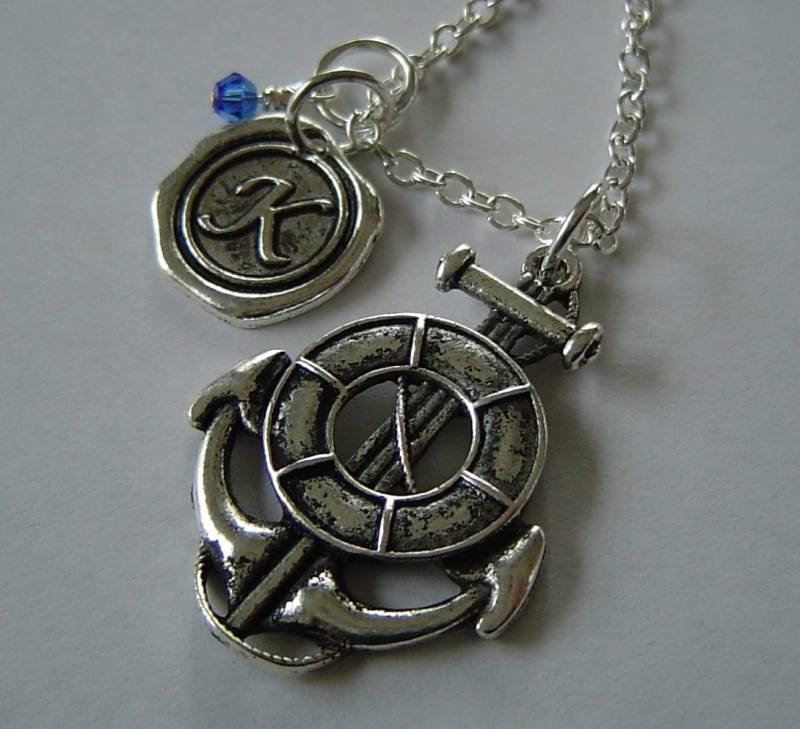 Anker Und Leben Ring Halskette, Personalisierte Antik Silber Wax Seal Birthstone Anfängliche, Halskette von HotMixJewelry