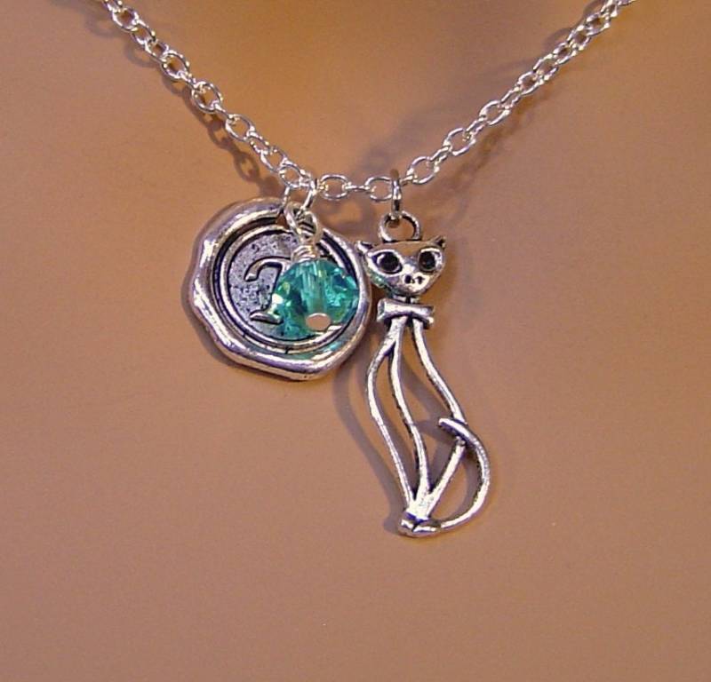 Antikes Silber Cut Kitten Bezaubern Personalisierte Kette Mit Anfänglichen Birthstone, Beste Geschenk Geburtstag Halskette Für Freund Freundin Bruder von HotMixJewelry