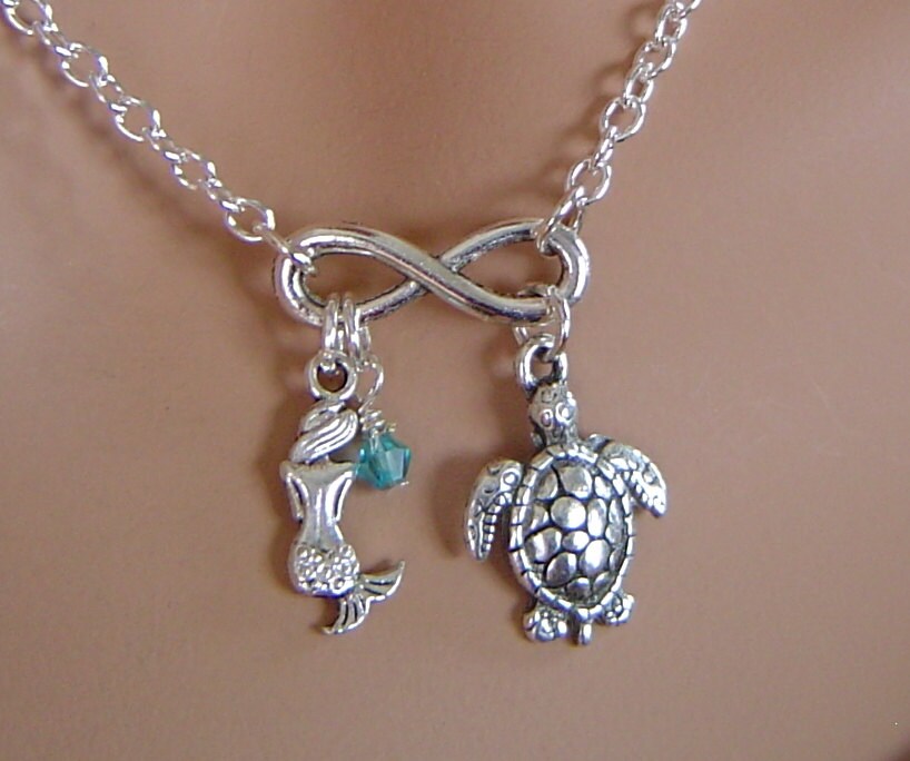 Antikes Silber Unendlich Zeichen, Dass Die Kleine Meerjungfrau Meeresschildkröte Personalisierte Kette Mit Birthstone Bezaubern; Valentinstag von HotMixJewelry