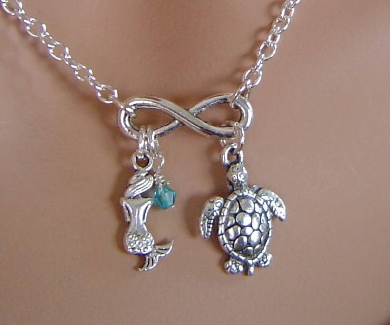 Antikes Silber Unendlich Zeichen, Dass Die Kleine Meerjungfrau Meeresschildkröte Personalisierte Kette Mit Birthstone Bezaubern; Valentinstag von HotMixJewelry