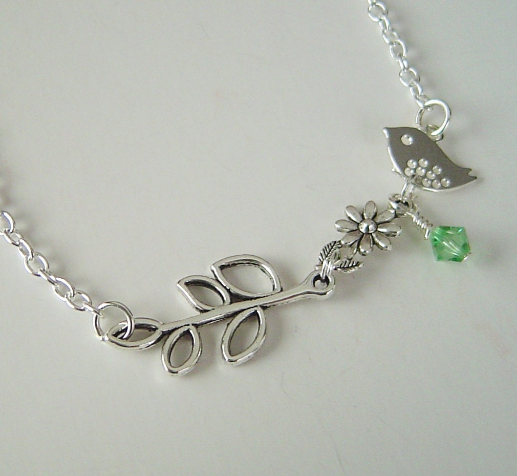 Antikes Silber Vogel Verlässt Blume Personalisierte Kette Mit Birthstone, Valentinstag Geburtstag Für Freundin Mom Lehrer Freund von HotMixJewelry