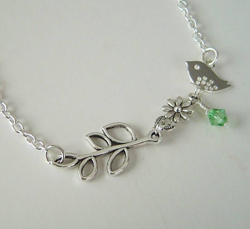 Antikes Silber Vogel Verlässt Blume Personalisierte Kette Mit Birthstone, Valentinstag Geburtstag Für Freundin Mom Lehrer Freund von HotMixJewelry