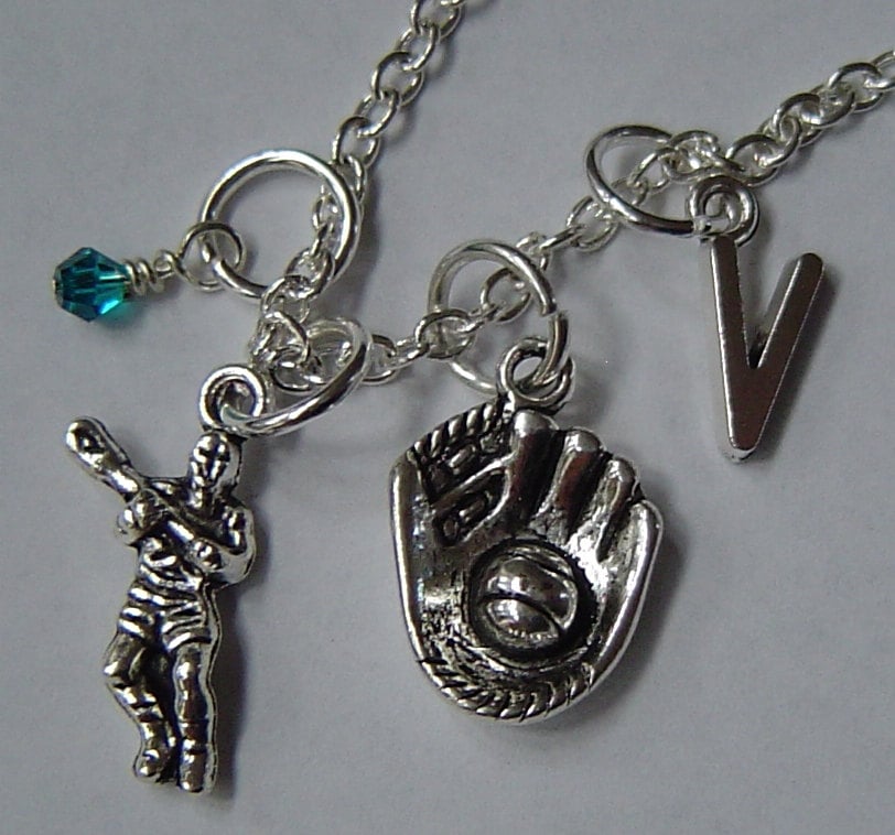 Baseball-Spieler Und Handschuh Personalisierte Kette Mit Anfänglichen Birthstone, Antik-Silber-Baseball-Spieler Halskette, Baseball-Team von HotMixJewelry