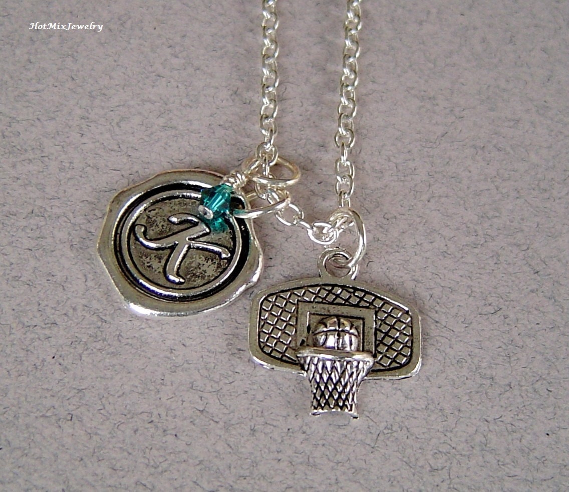Basketball Hoop Personalisierte Antik Silber Wax Seal Birthstone Anfängliche, Antique Silver Basketball, Net, Hoop, Board Collier Halskette von HotMixJewelry
