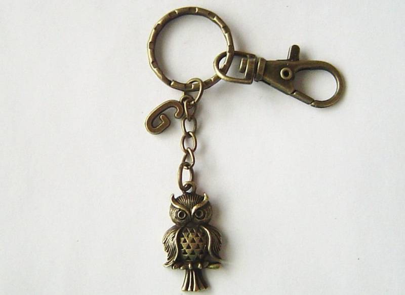 Bronze, Eule Charm, Personalisierte Schlüsselanhänger Mit Initiale Und Karabinerverschluss Drehbar; Valentinstag Geburtstag Geschenk Bronze, Eule Charm, Personalisierte Schlüsselanhänger Mit Initiale Und Karabinerverschluss Drehbar; Valentinstag Geburtstag Geschenk von HotMixJewelry