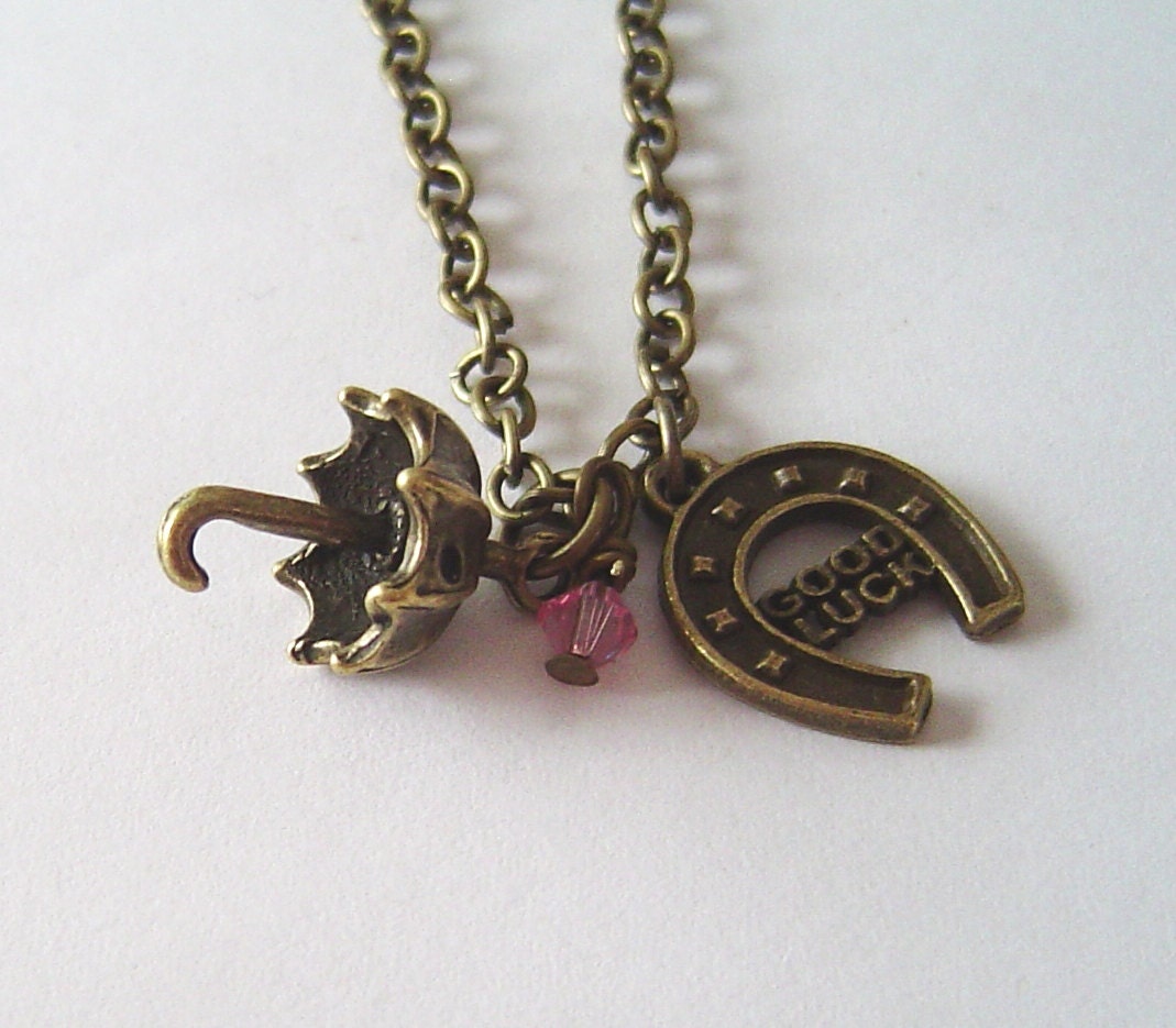 Bronze, Schirm Und "Good Luck" Hufeisen Charms Mit Birthstone, Personalisierte Halskette Für Valentinstag Geschenk Oder Geburtstag Halskette von HotMixJewelry