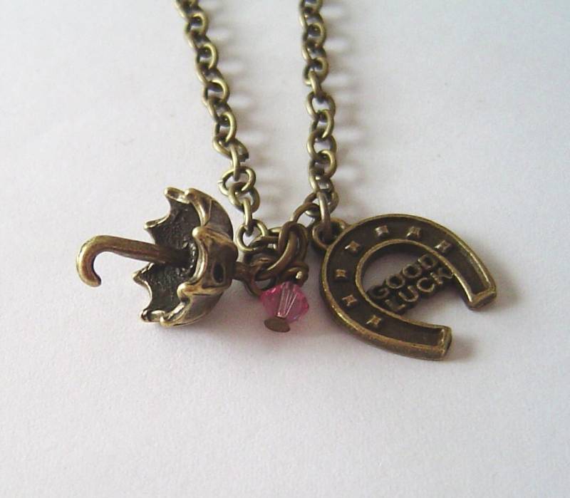 Bronze, Schirm Und "Good Luck" Hufeisen Charms Mit Birthstone, Personalisierte Halskette Für Valentinstag Geschenk Oder Geburtstag Halskette von HotMixJewelry