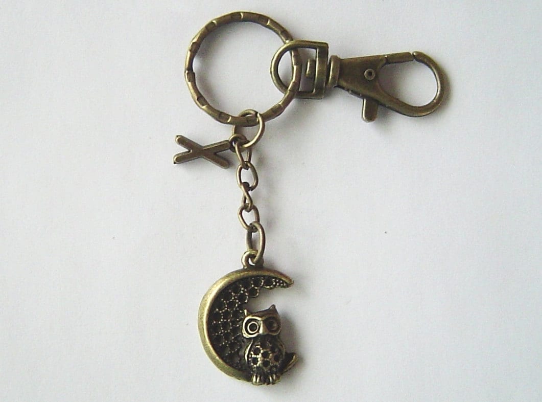 Bronze, Ton Owl Mond Charm, Personalisierte Schlüsselanhänger Mit Initiale Und Karabinerverschluss Drehbar; Valentinstag Geburtstag Geschenk von HotMixJewelry