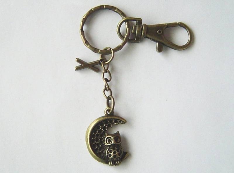 Bronze, Ton Owl Mond Charm, Personalisierte Schlüsselanhänger Mit Initiale Und Karabinerverschluss Drehbar; Valentinstag Geburtstag Geschenk von HotMixJewelry