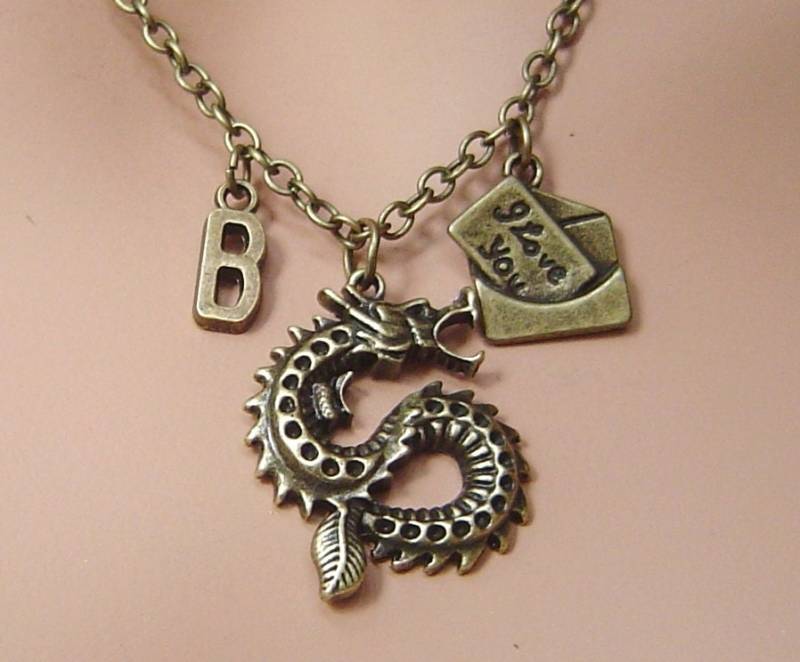 Bronze Drache Und Ein Ich Liebe Dich Schreiben Charme Mit Anfänglichen, Personalisierte Halskette Necklace Geschenk Valentinstag Oder von HotMixJewelry