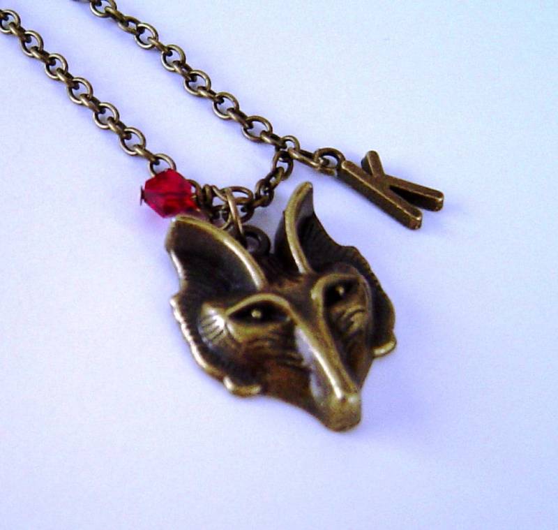 Bronze-Fox Kopf Charme Mit Anfänglichen Birthstone, Personalisierte Halskette Necklace Geschenk Valentinstag Oder Geburtstag-Halskette von HotMixJewelry