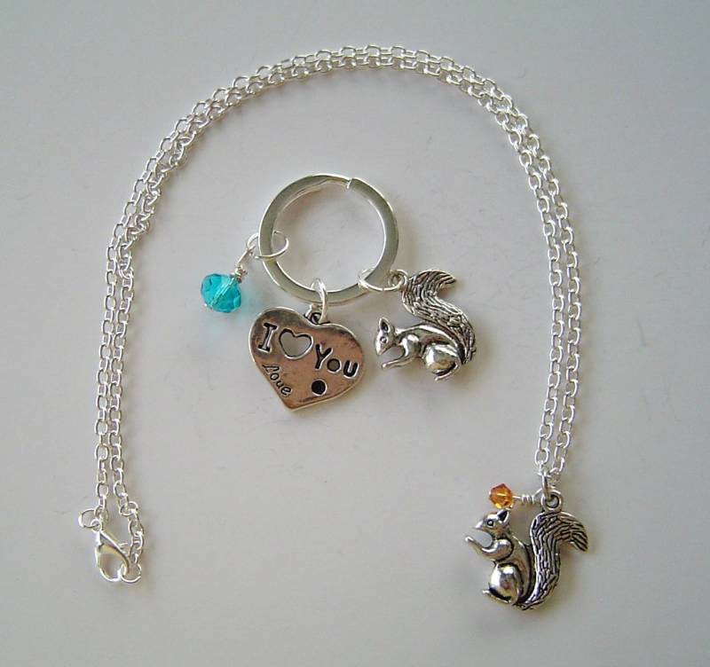Ein Paar Personalisierte Schlüsselbund Und Halskette, Eichhörnchen Ich Liebe Dich Herz Mit Birthstones, Valentines Day Halskette Geburtstag von HotMixJewelry