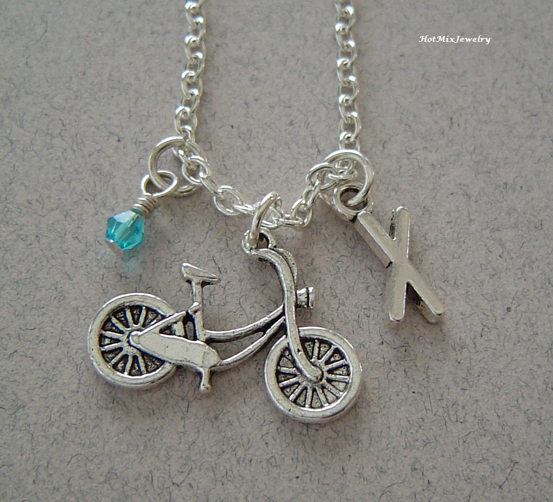 Fahrrad-Halskette, Personalisierte Antik Silber Anfängliche Monogramm Birthstone Fahrrad Halskette von HotMixJewelry