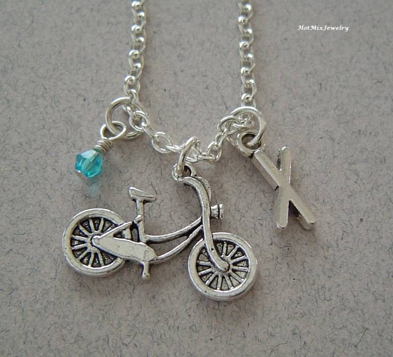 Fahrrad-Halskette, Personalisierte Antik Silber Anfängliche Monogramm Birthstone Fahrrad Halskette von HotMixJewelry