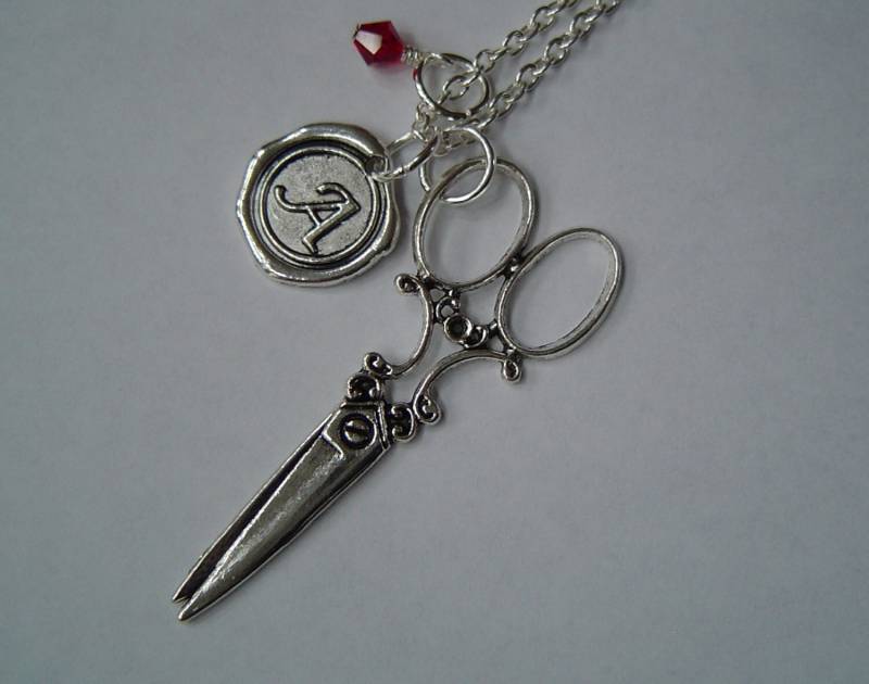 Große Schere Charm Halskette, Personalisierte Antike Silber Wachs Siegel Geburtsstein Erste, Halskette von HotMixJewelry