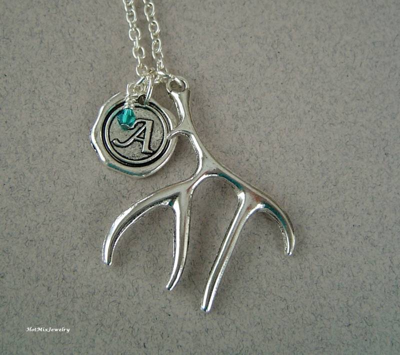 Großen Hirsch Geweih Charm Halskette, Personalisierte Antik Silber Wax Seal Birthstone Aus-, Große Halskette von HotMixJewelry
