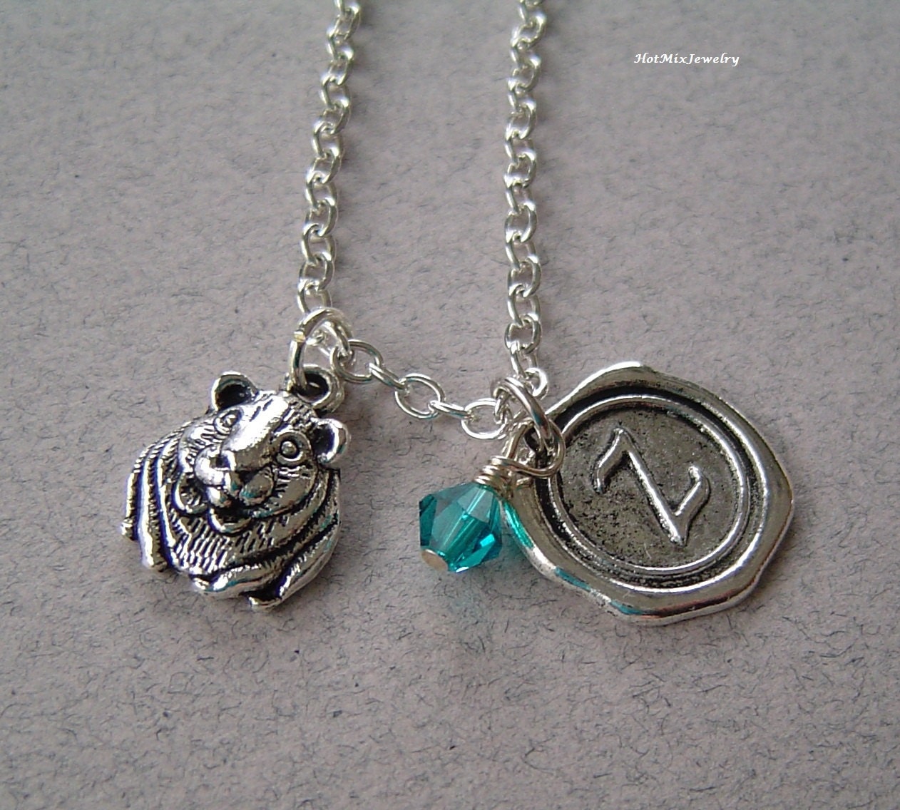Hamster Charme Halskette Guinea Pig Charm Halskette, Personalisierte Antique Silver Wachs-Salf Stein-Initiale von HotMixJewelry