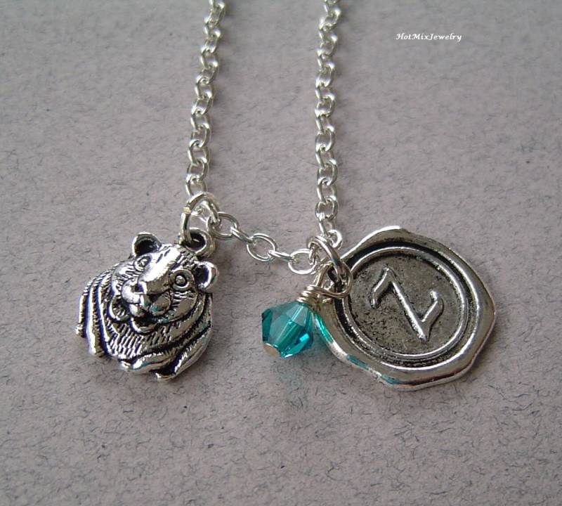 Hamster Charme Halskette Guinea Pig Charm Halskette, Personalisierte Antique Silver Wachs-Salf Stein-Initiale von HotMixJewelry